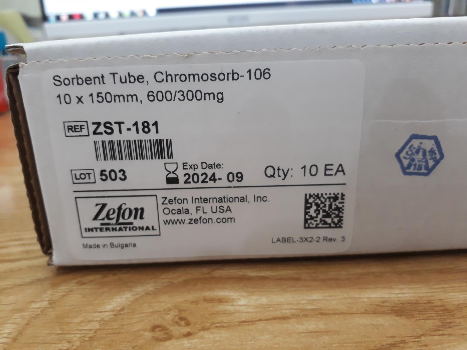 ZST-181: Ống hấp thụ Chromosorb 106, kích thước 10x150mm, 600/300mg, 50 cái/ hộp, hãng Zefon, Mỹ
